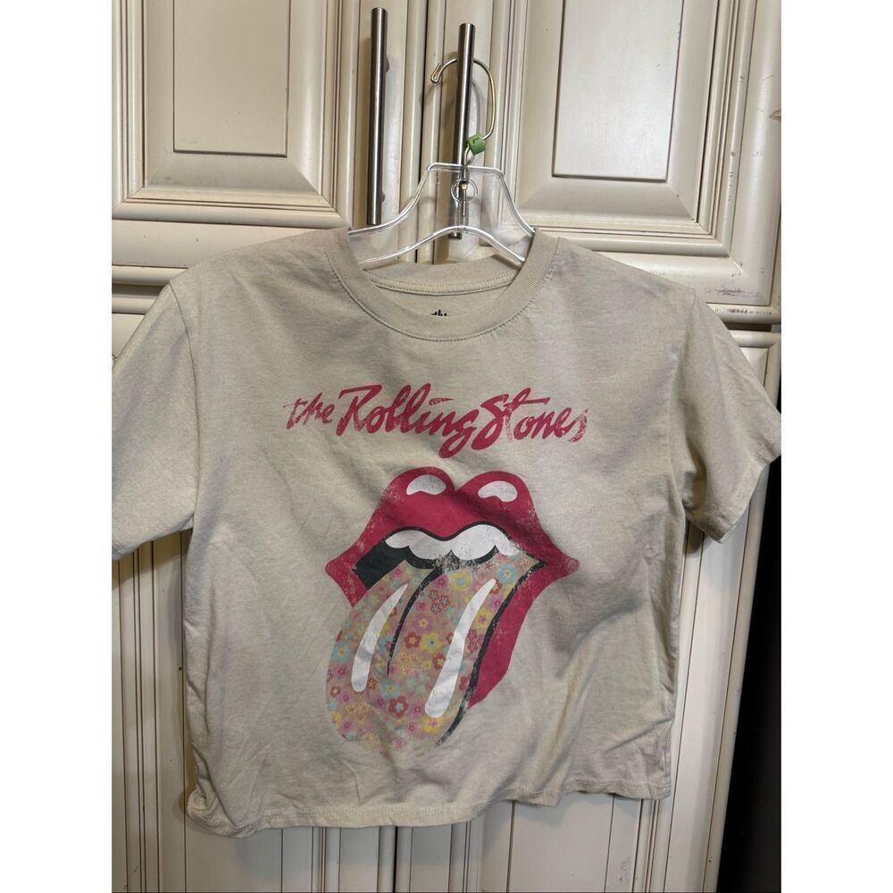 The Rolling Stones Girls Flowers Tongue Graphic T-Shirt Cream Red Size Medium
